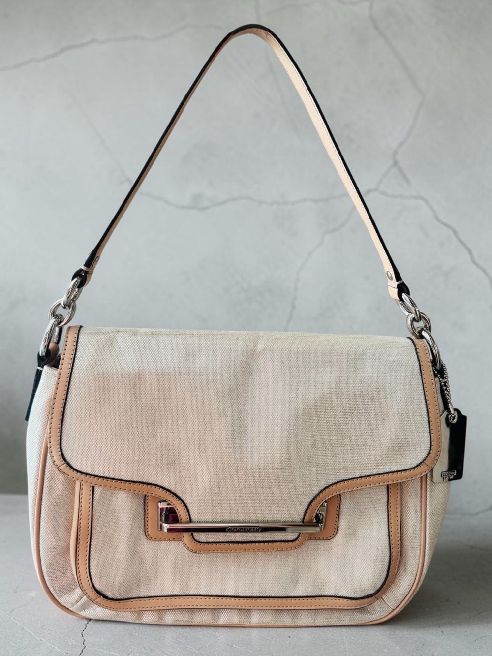 Y2K Coach Taylor Beige Canvas & Tan Leather Flap Bag with Silver
Hardware